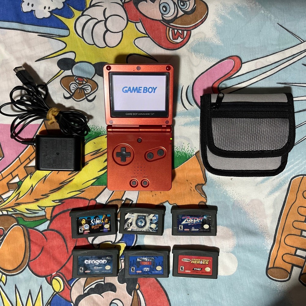 Nintendo Gameboy Advance SP Flame Red AGS-001 w/ Charger, 6 Games And Case